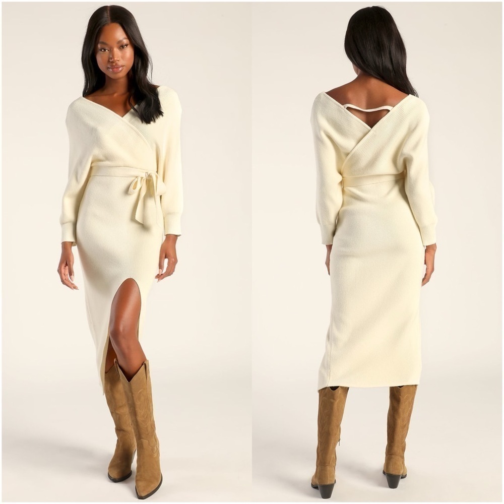 LULU’S Fall Into Fashion Ivory Dolman Sleeve Sweater Dress